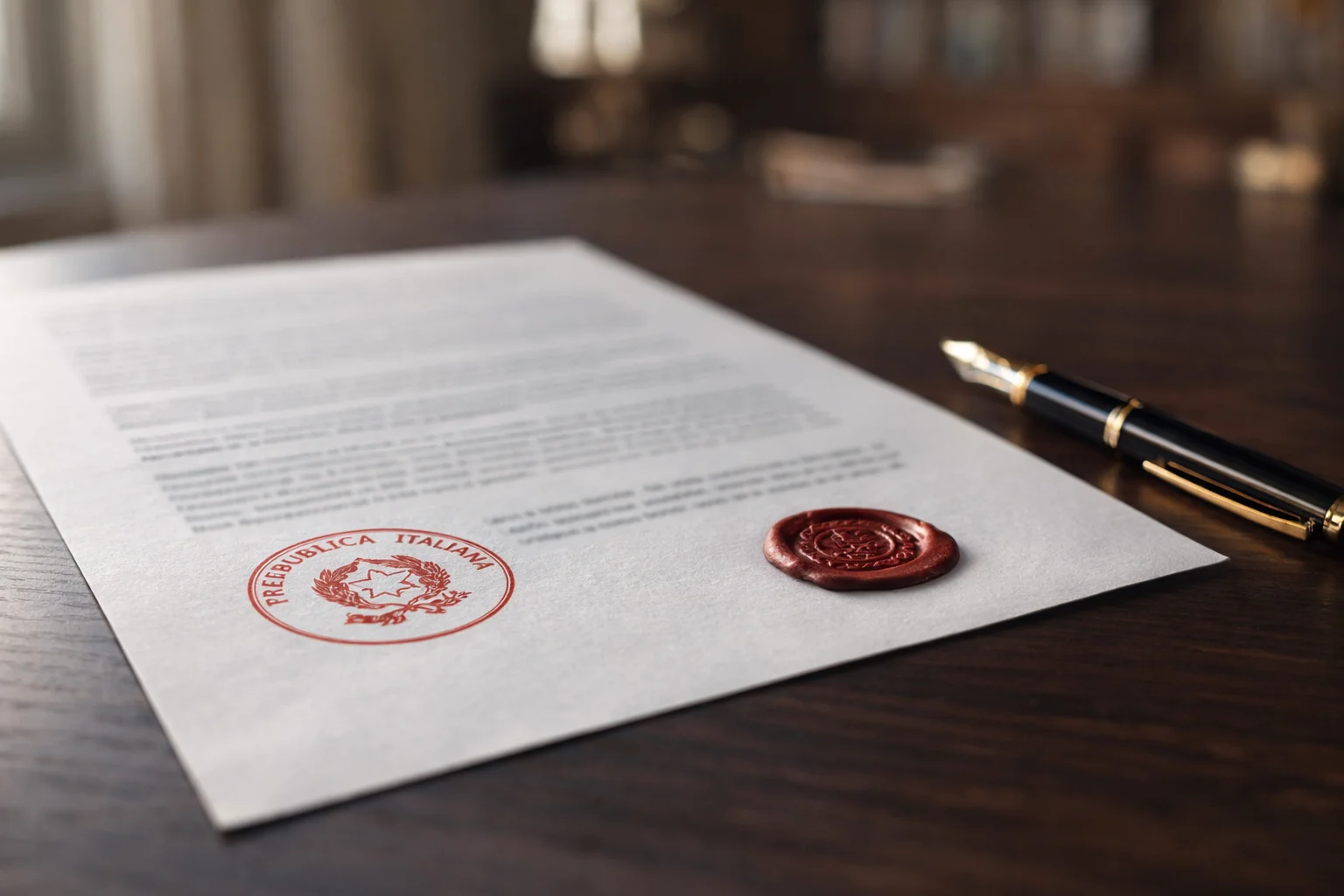 Documento ufficiale con timbro e sigillo su scrivania professionale