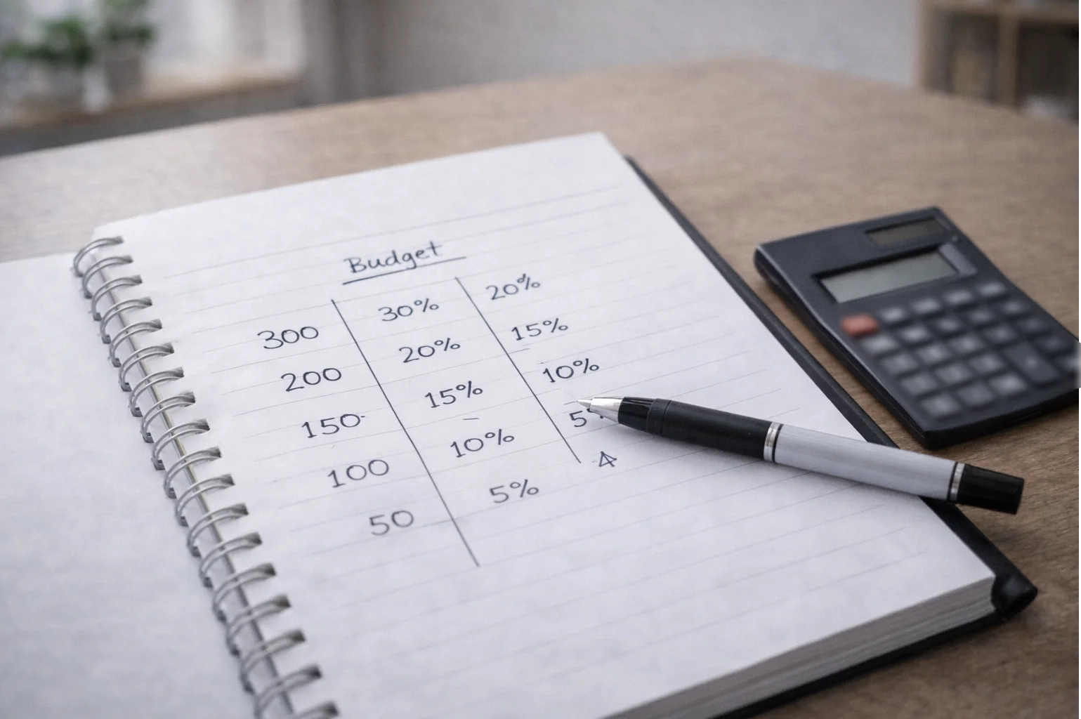 Quaderno con budget pianificato e penna su scrivania