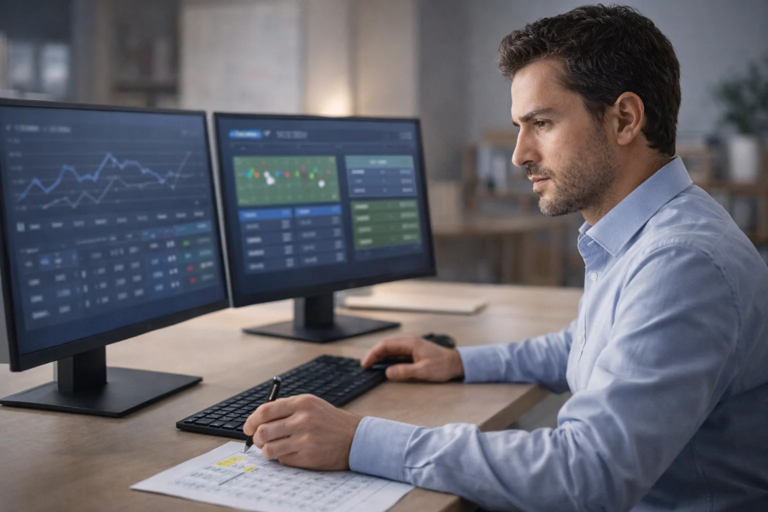 Analista al lavoro con grafici e statistiche sportive