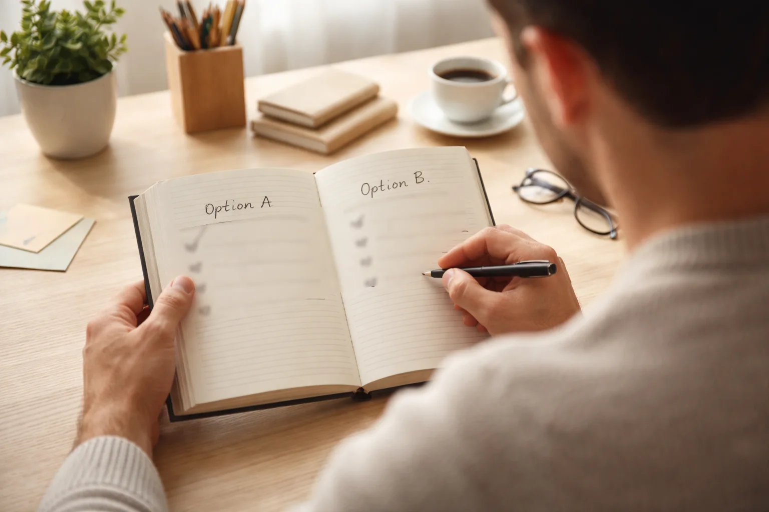 Persona che confronta diverse opzioni su un blocco note