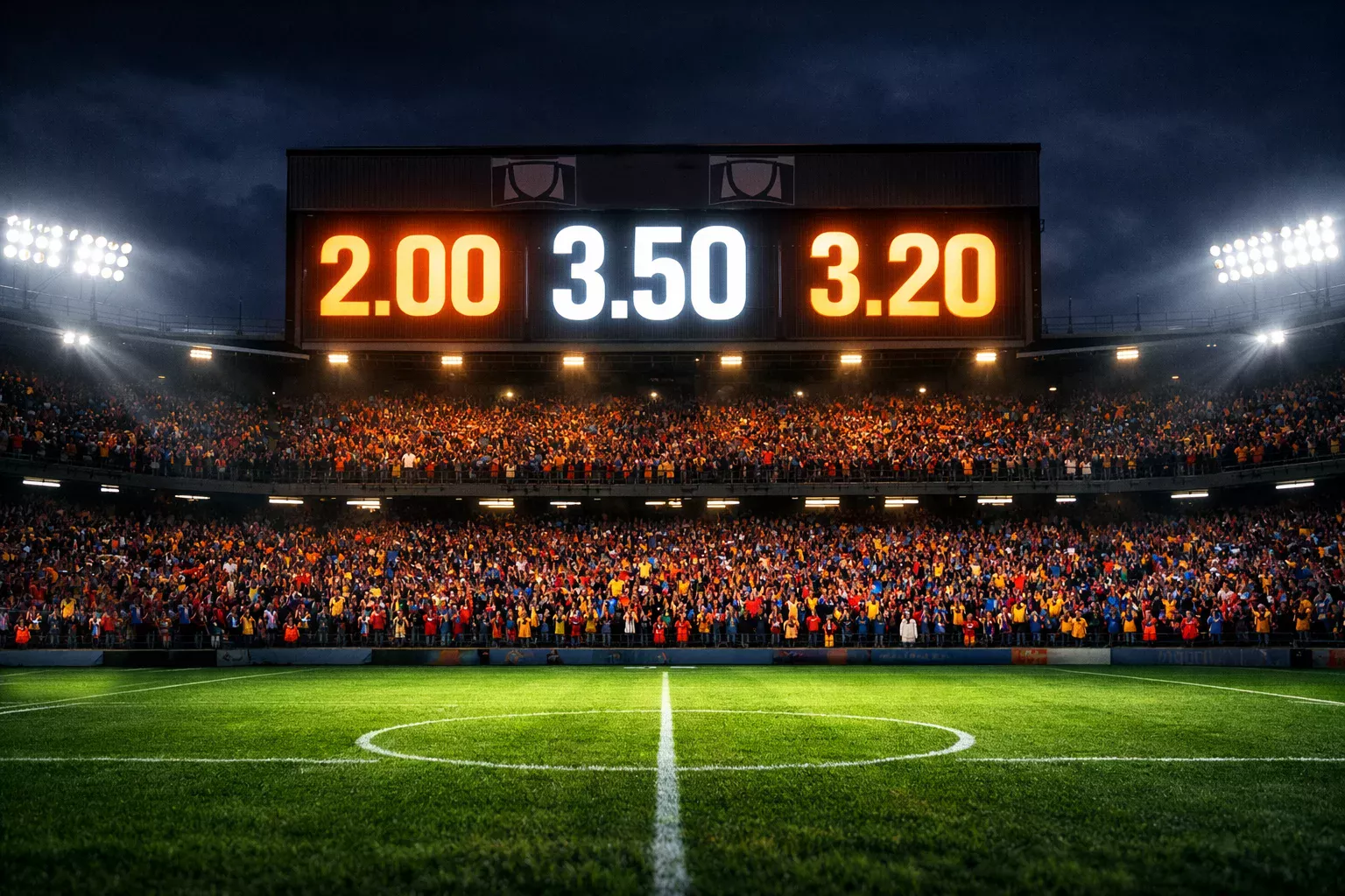 Tabellone quote in uno stadio di calcio con tifosi sullo sfondo e luce drammatica