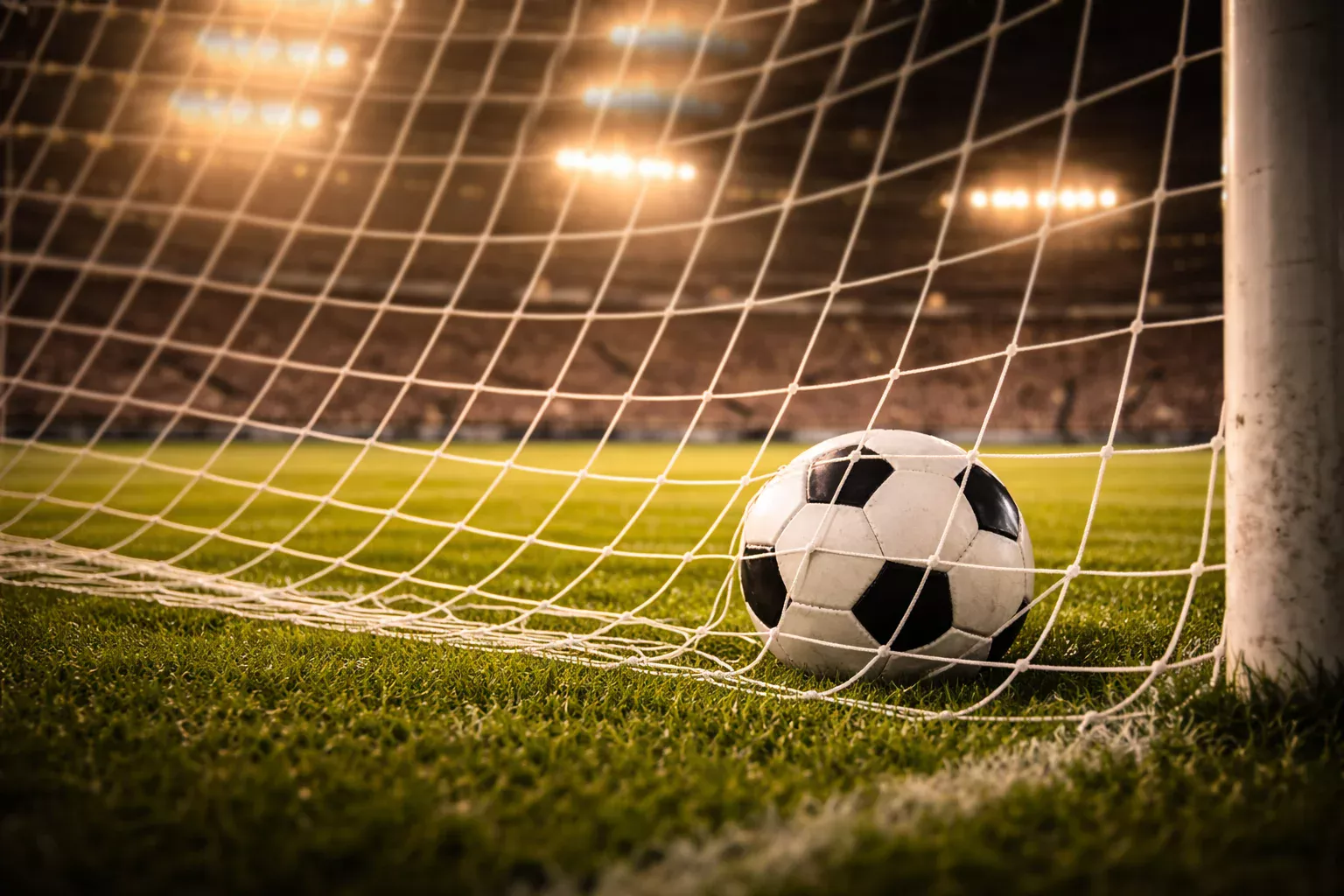 Pallone da calcio vicino alla rete del gol su campo in erba illuminato dai riflettori dello stadio
