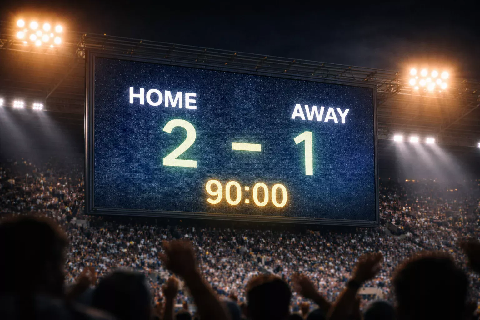 Tabellone segnapunti di uno stadio di calcio con il punteggio illuminato durante una partita serale