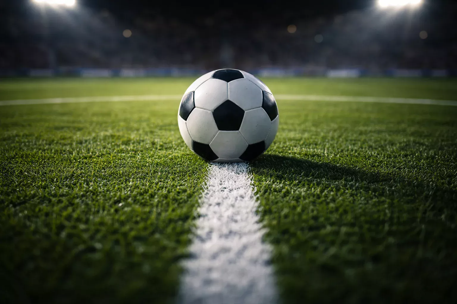 Primo piano di un pallone da calcio sul dischetto del centrocampo con le linee bianche del campo in erba