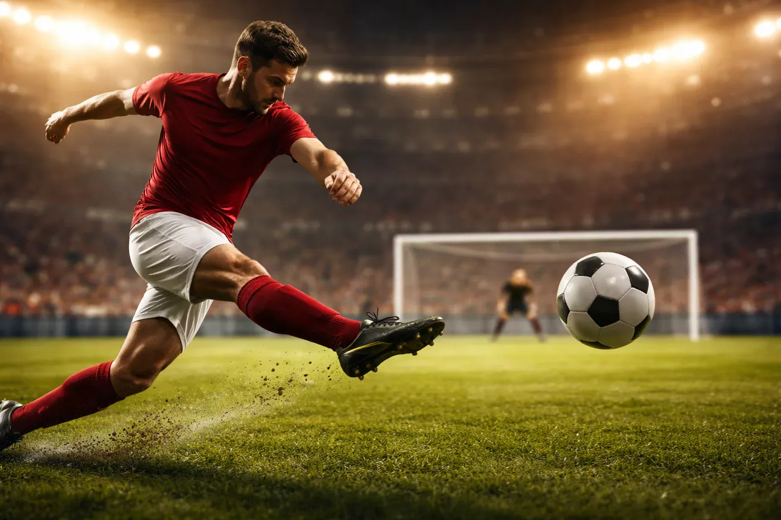 Attaccante di calcio in maglia rossa che calcia verso la porta su campo in erba durante una partita