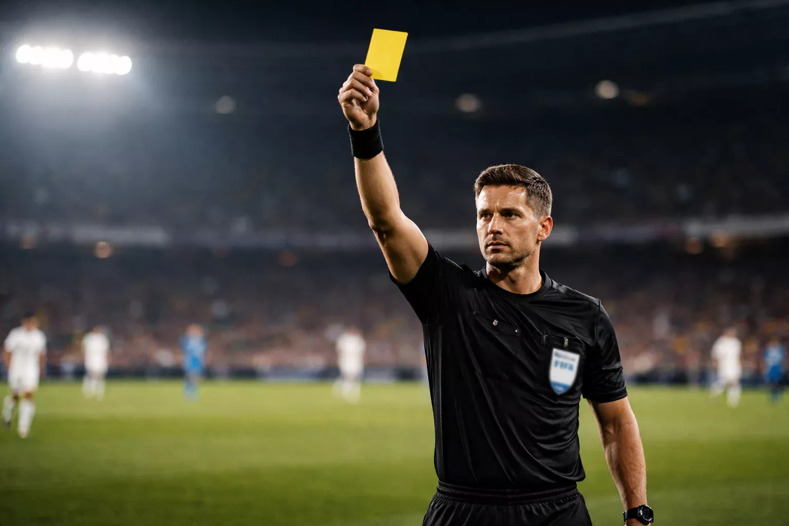 Arbitro di calcio che mostra un cartellino giallo durante una partita su campo in erba verde