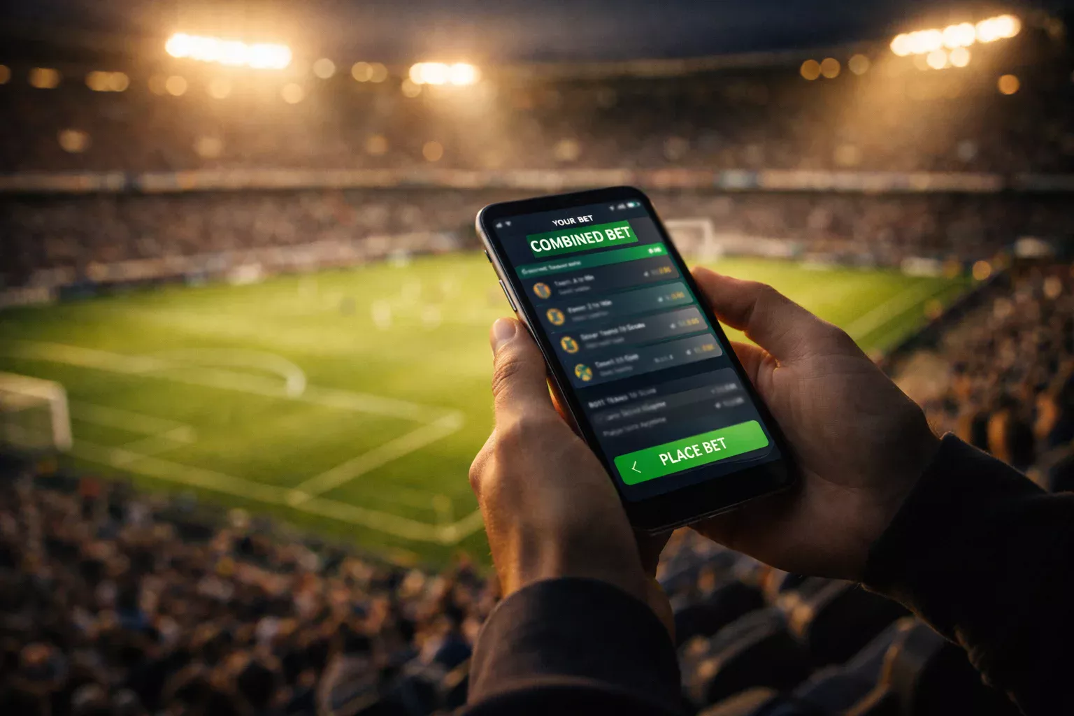 Tifoso che costruisce una scommessa personalizzata sullo smartphone durante una partita di calcio