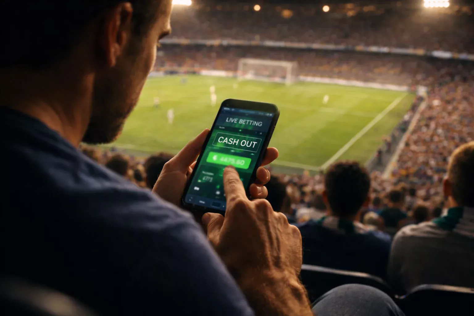 Mano che tiene uno smartphone con una scommessa live durante una partita di calcio allo stadio
