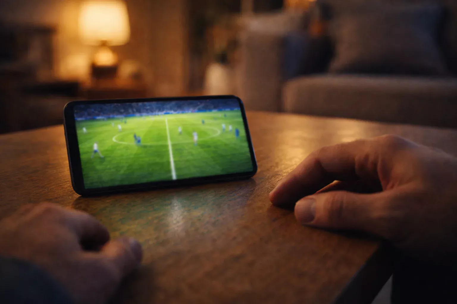 Smartphone che trasmette una partita di calcio in diretta su un campo da calcio verde illuminato
