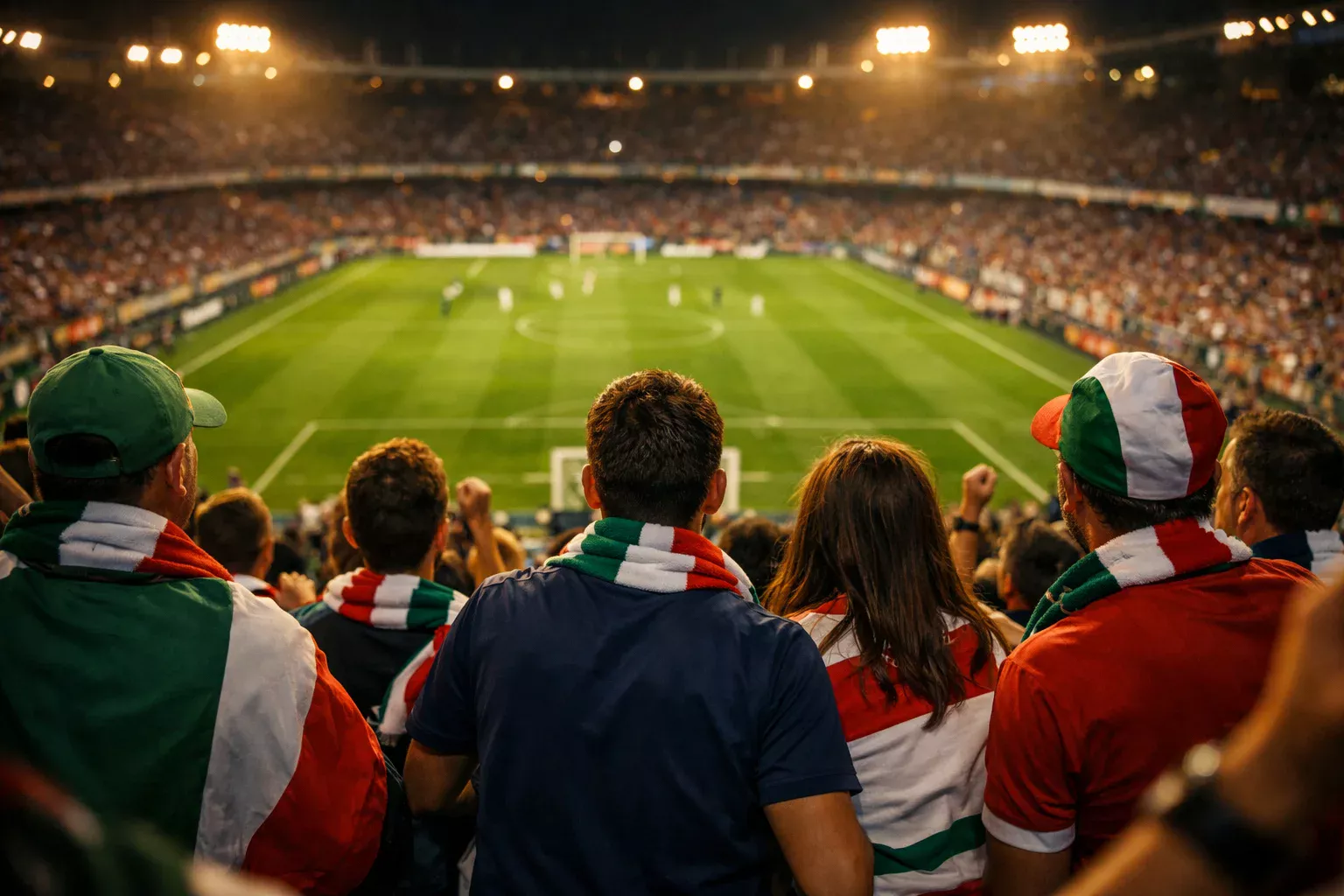 Tifosi italiani allo stadio durante una partita di Serie A sotto le luci serali