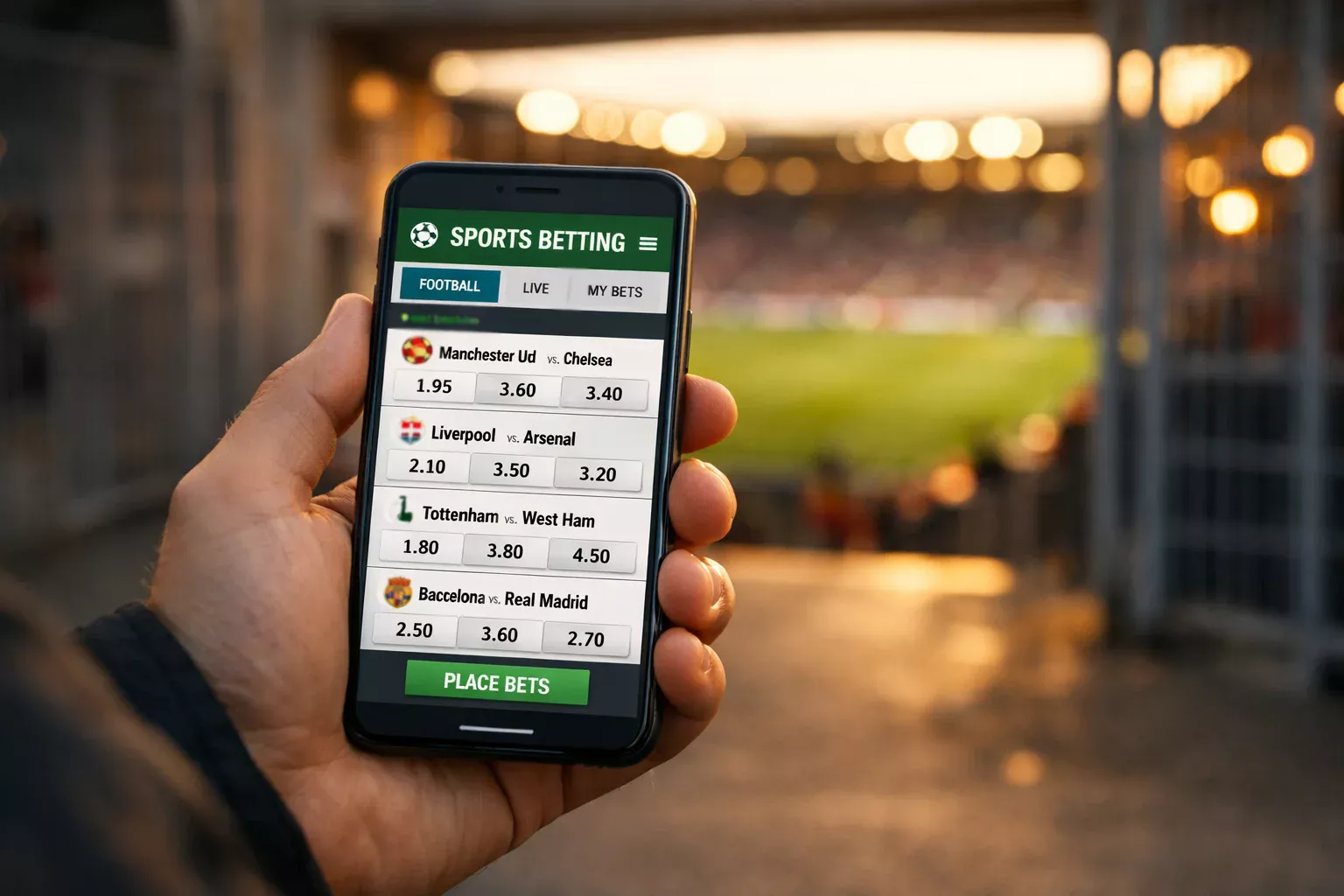 Mano che tiene uno smartphone con app di scommesse durante una partita di calcio allo stadio
