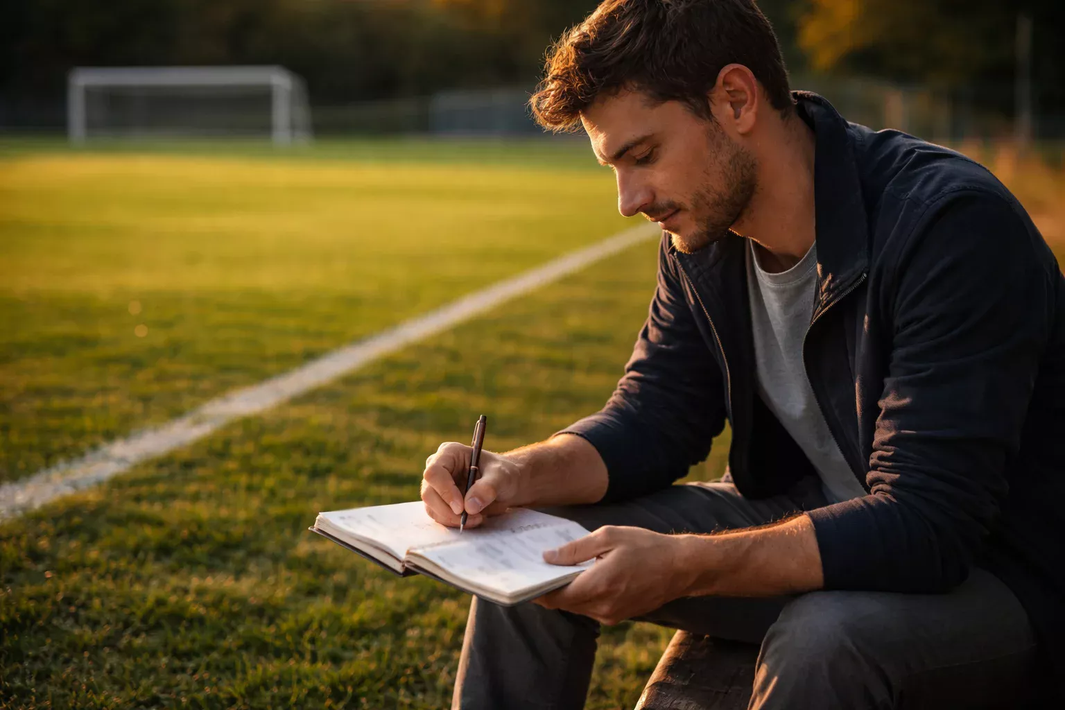 Analista di scommesse calcio studia statistiche e quote su un quaderno accanto a un campo da calcio in erba