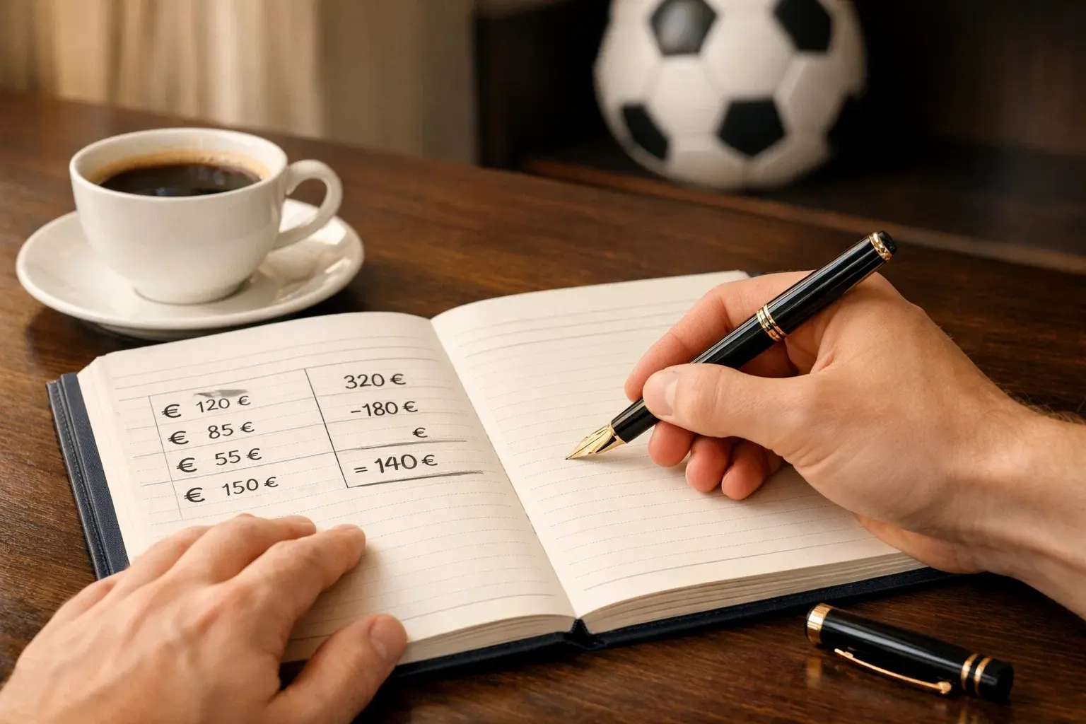 Scommettitore annota con cura le puntate su un quaderno ordinato con appunti e simboli euro accanto a un campo di calcio