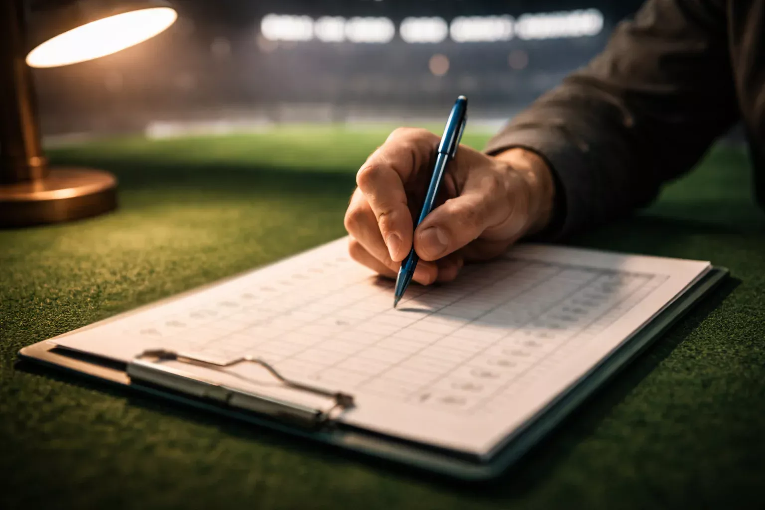 Mano di uno scommettitore compila una tabella di puntate su un foglio a quadretti con una penna, sullo sfondo un campo da calcio sfocato