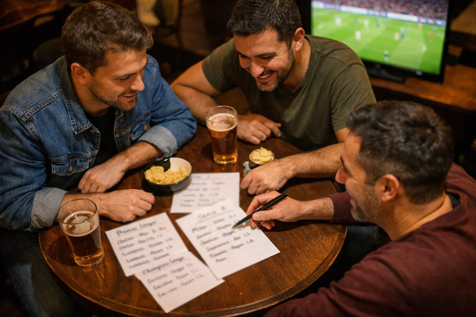 Gruppo di amici discute una schedina di scommesse attorno a un tavolo con appunti su partite di calcio e un pallone sullo sfondo
