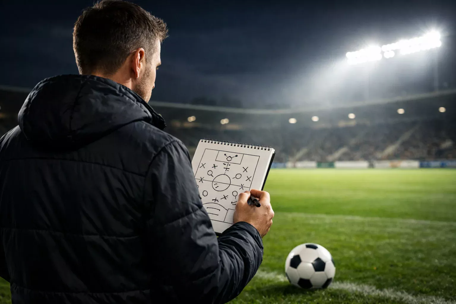 Analista sportivo osserva un campo da calcio verde con appunti tattici e formazioni scritte su un blocco note illuminato dalla luce dello stadio