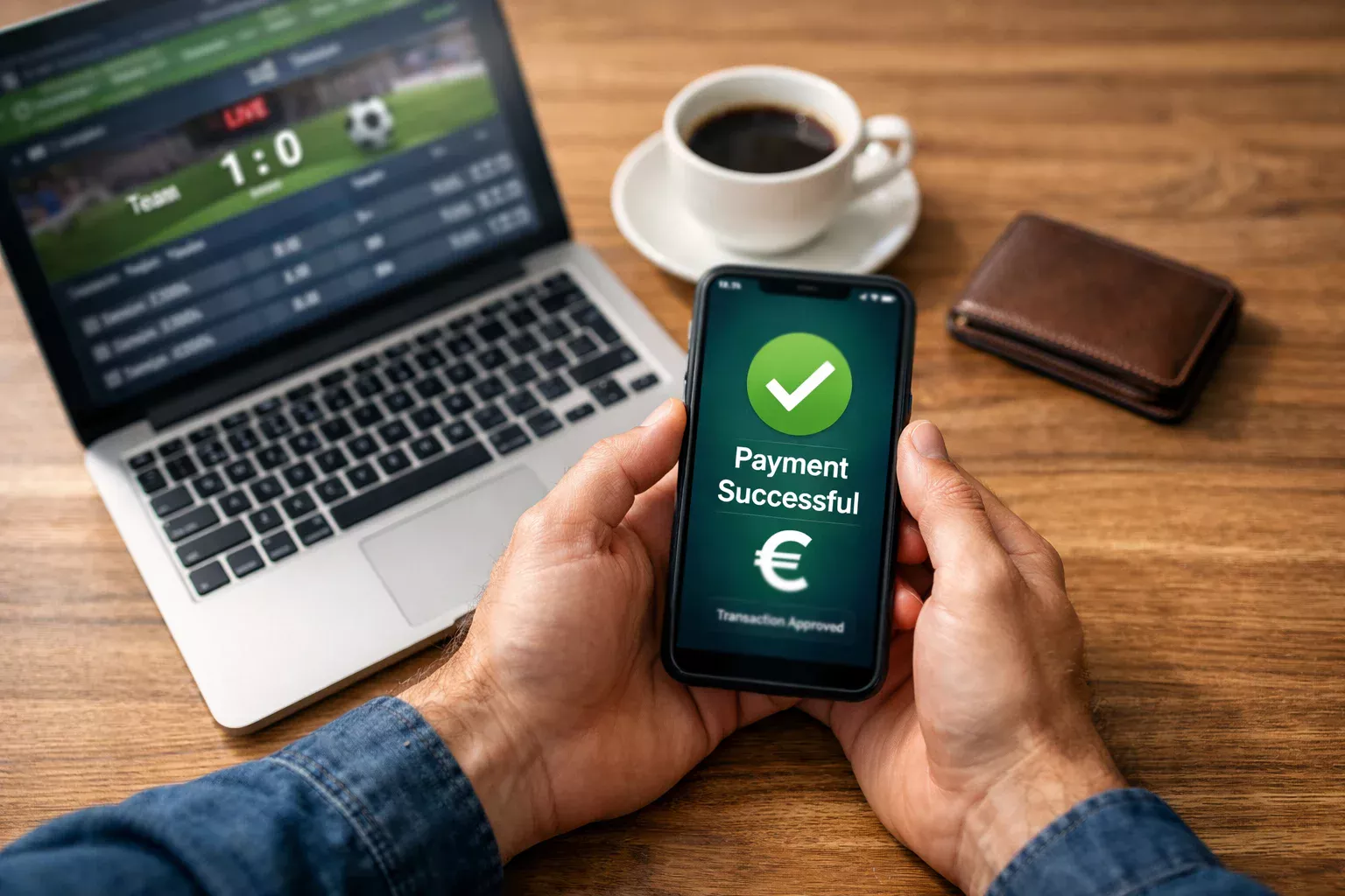 Smartphone con app di pagamento accanto a un laptop aperto su un sito di scommesse sportive