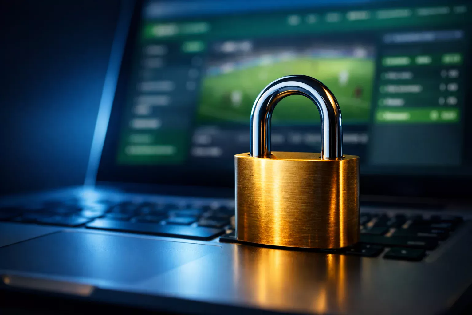 Lucchetto digitale luminoso davanti a uno schermo con interfaccia di scommesse sportive