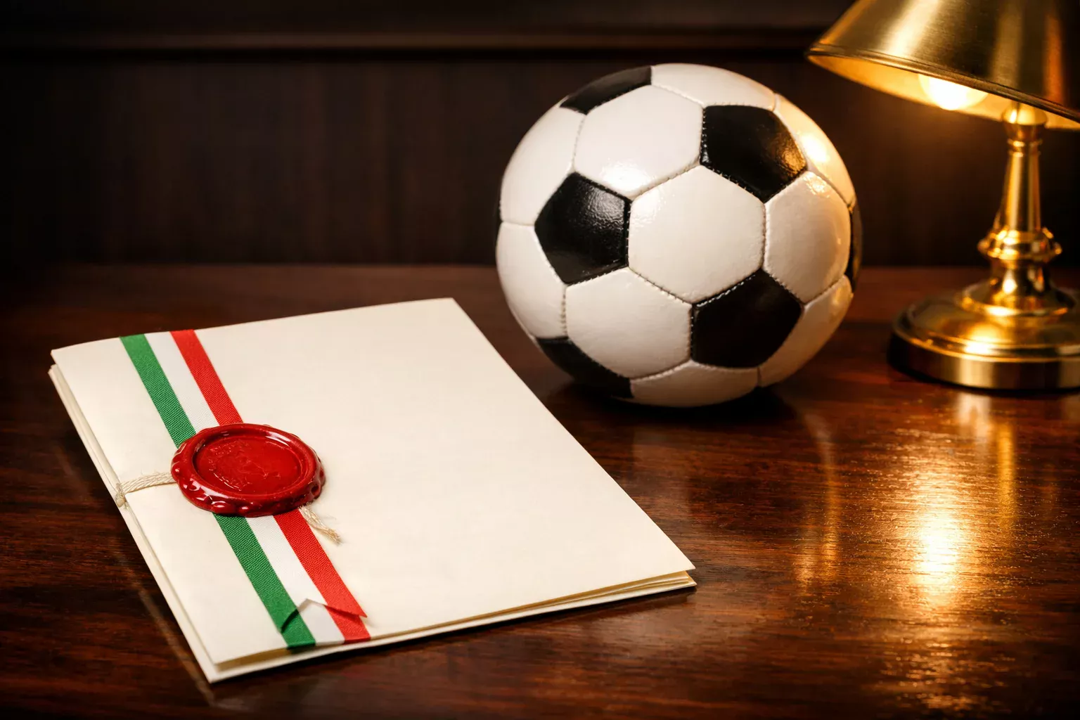 Documento ufficiale con timbro e bandiera italiana su una scrivania accanto a un pallone da calcio