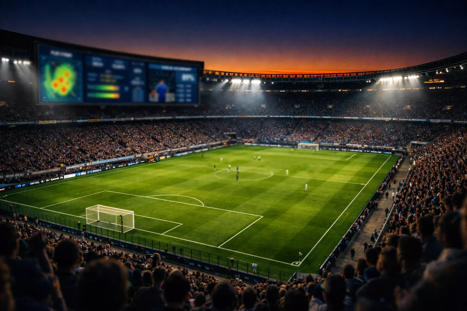 Stadio di calcio moderno illuminato di sera con schermi che mostrano statistiche di gioco