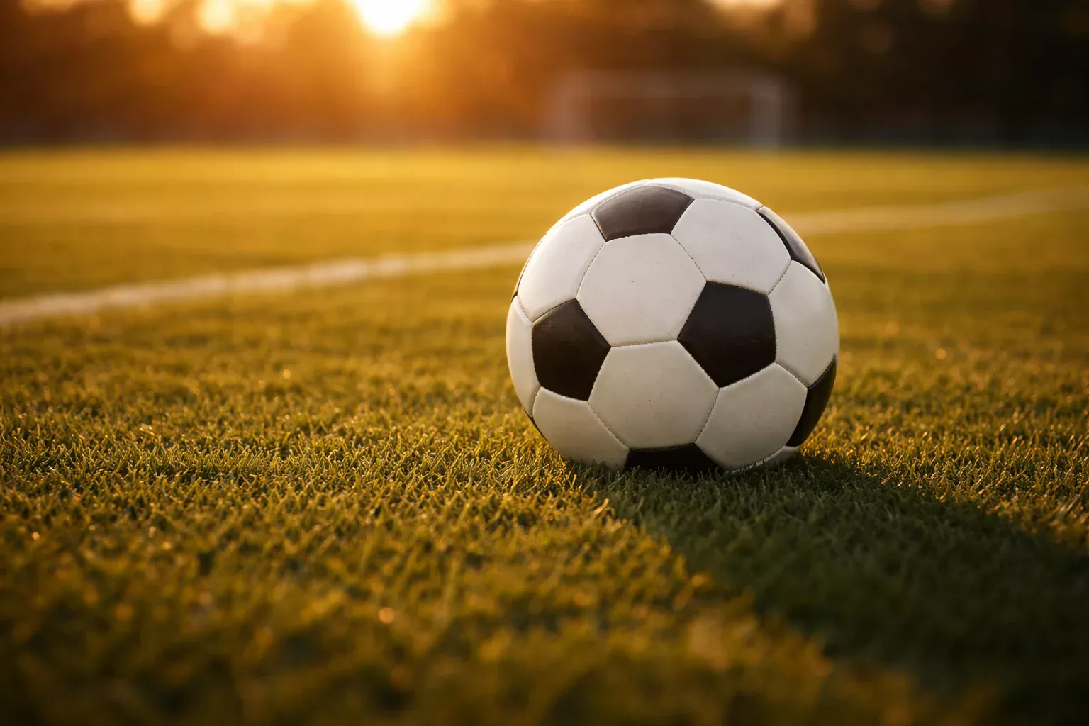 Pallone da calcio su un campo verde illuminato dalla luce dorata del tramonto