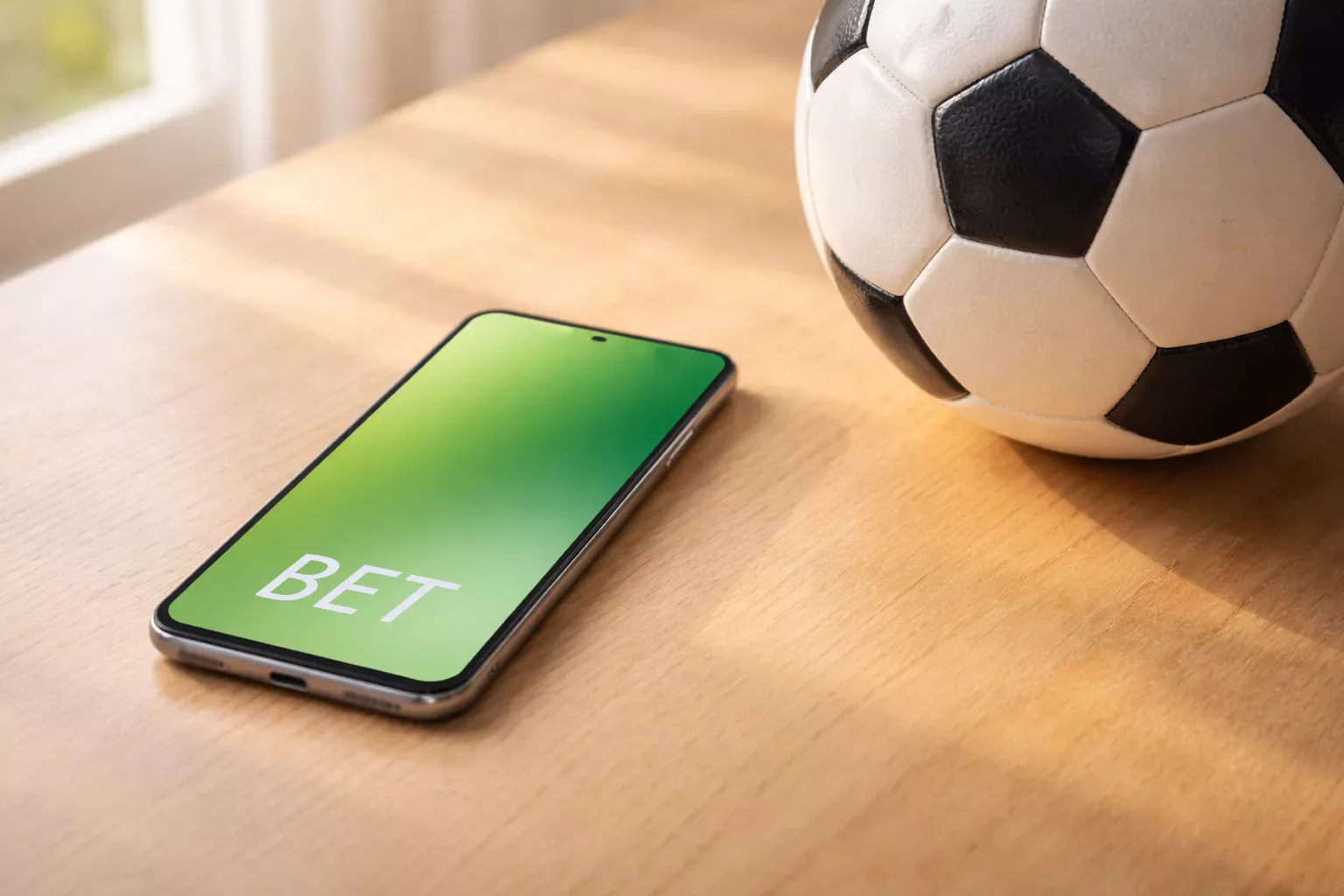 Smartphone su un tavolo con un pallone da calcio e luce naturale dalla finestra