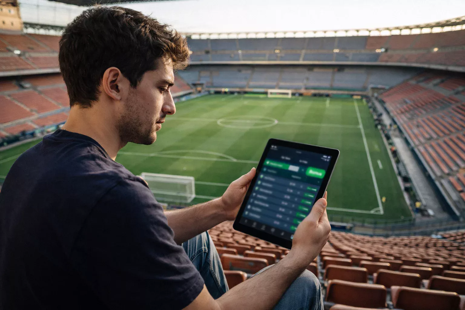 Scommettitore che analizza bonus senza deposito su tablet in uno stadio di calcio