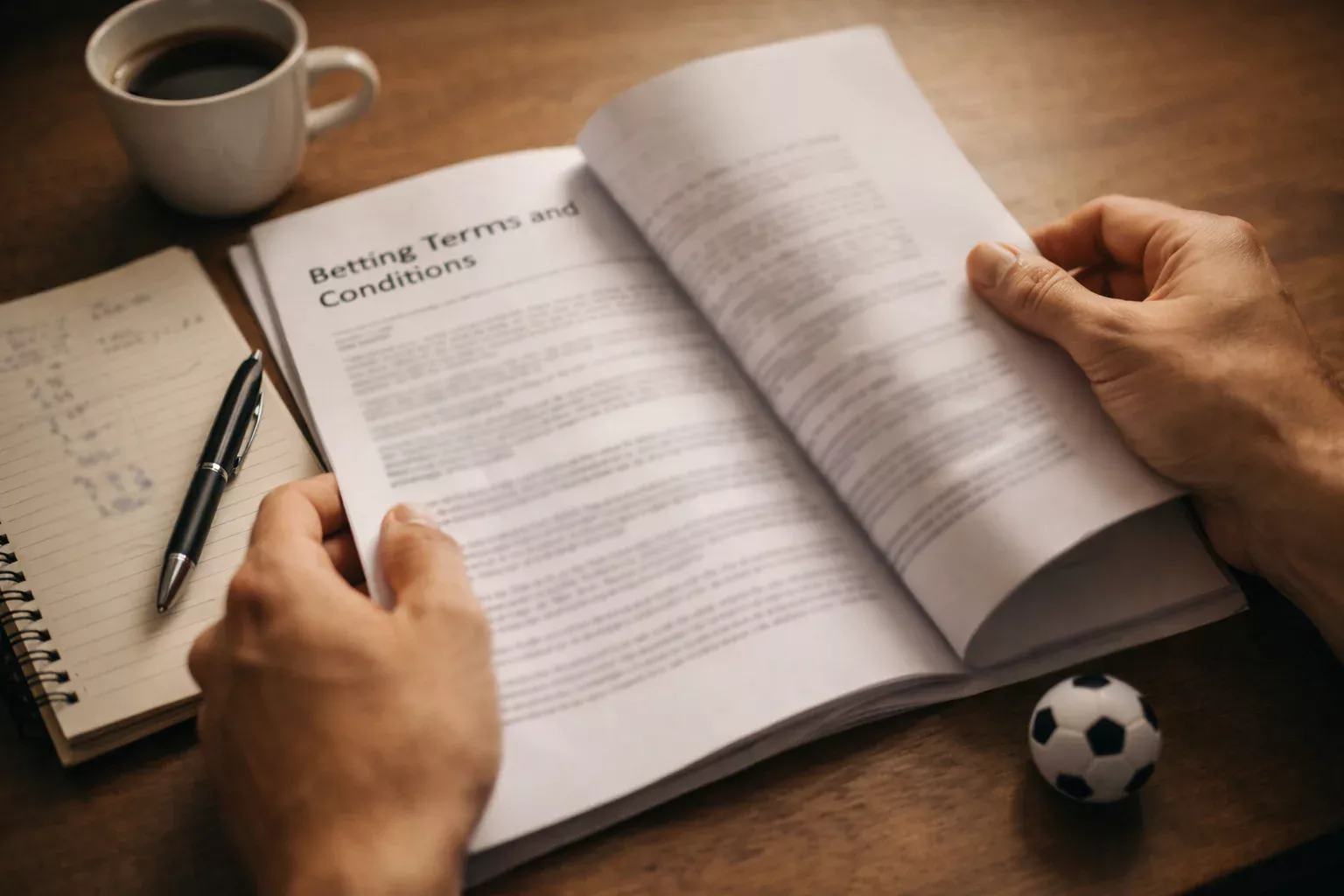 Persona che studia condizioni bonus scommesse sportive alla scrivania
