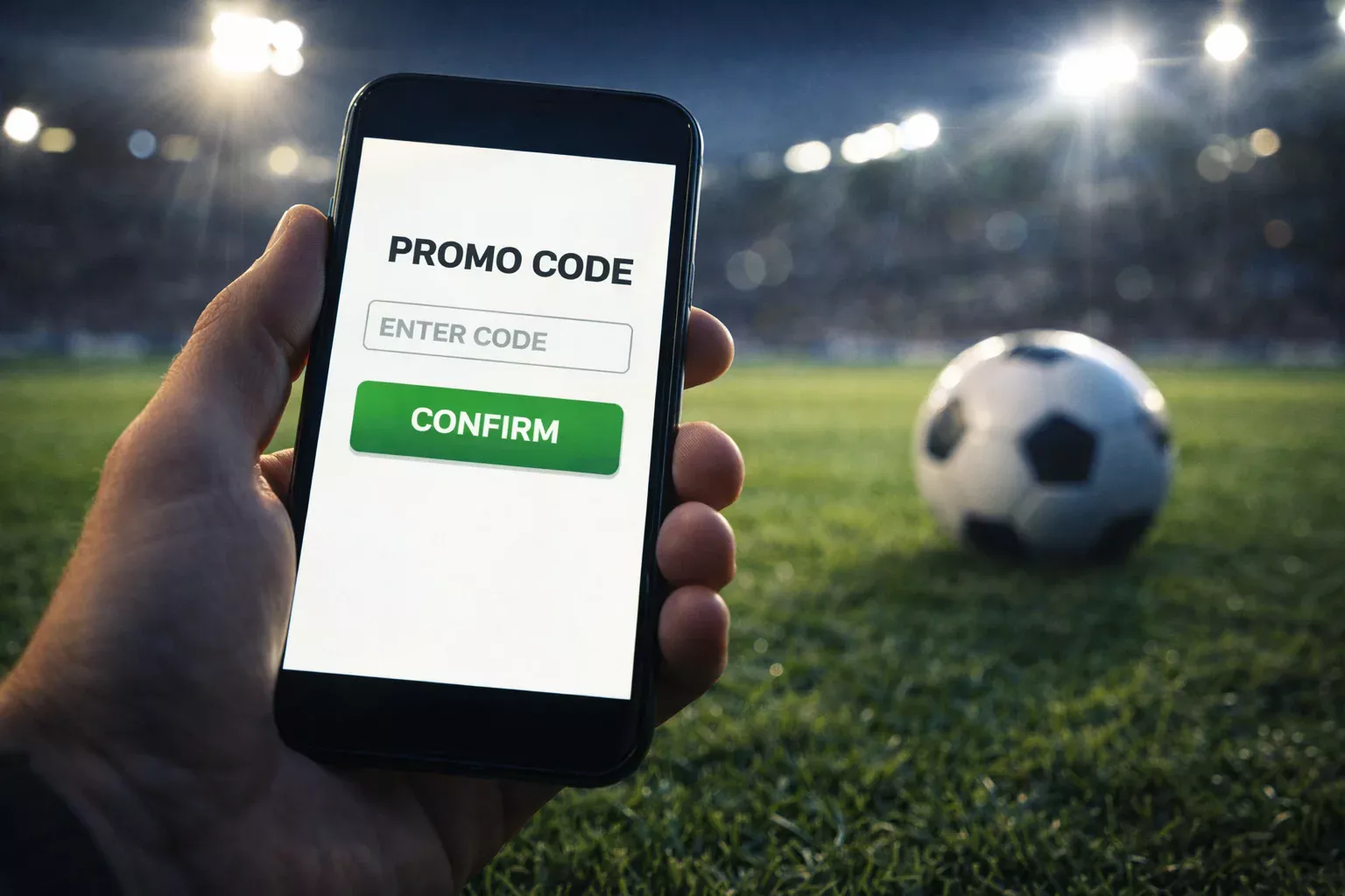 Smartphone con codice promozionale scommesse calcio e pallone sullo sfondo