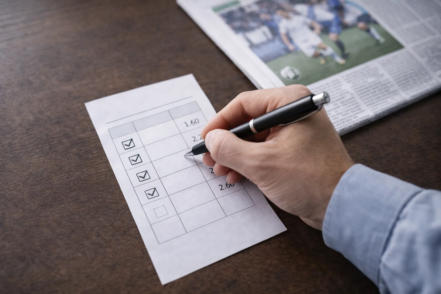 Mano che compila una schedina di scommesse con penna