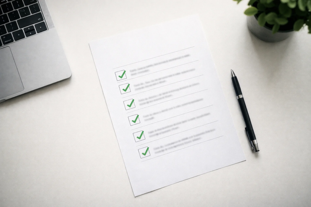 Documento con lista di criteri di valutazione e segni di spunta verdi su scrivania