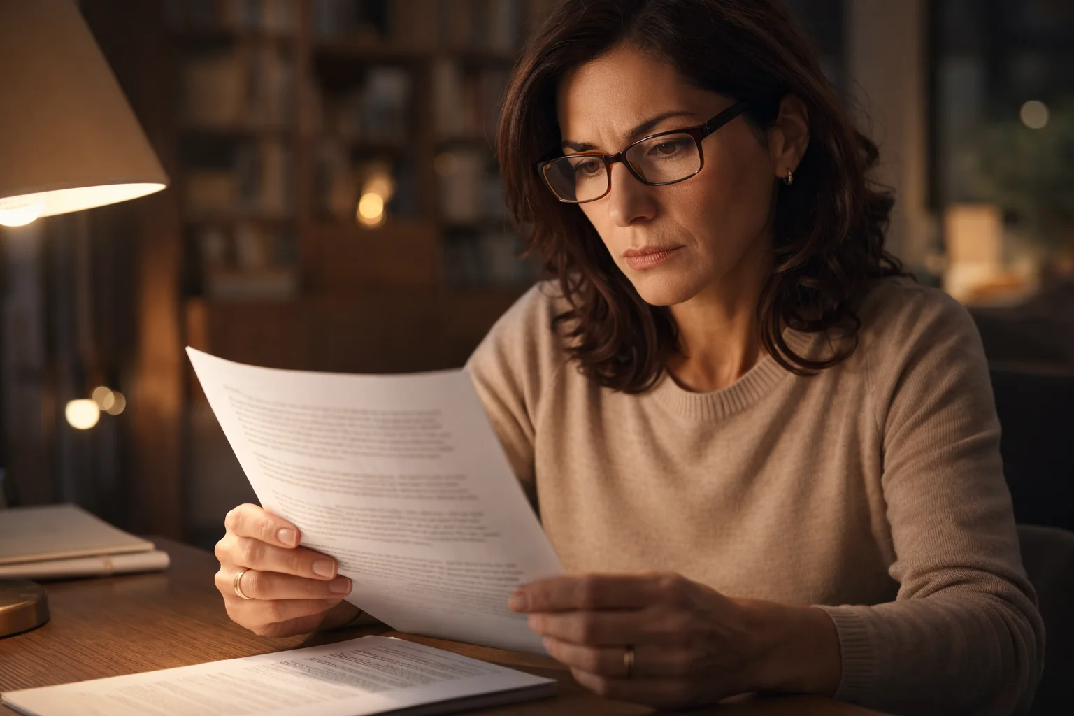 Persona concentrata che studia termini e condizioni su documenti