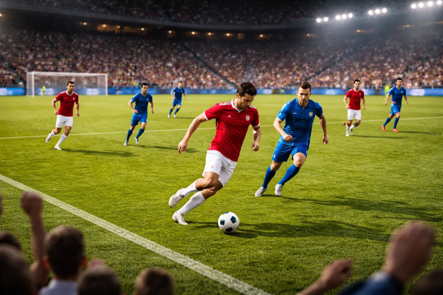 Partita di calcio in corso con giocatori in azione sul campo verde