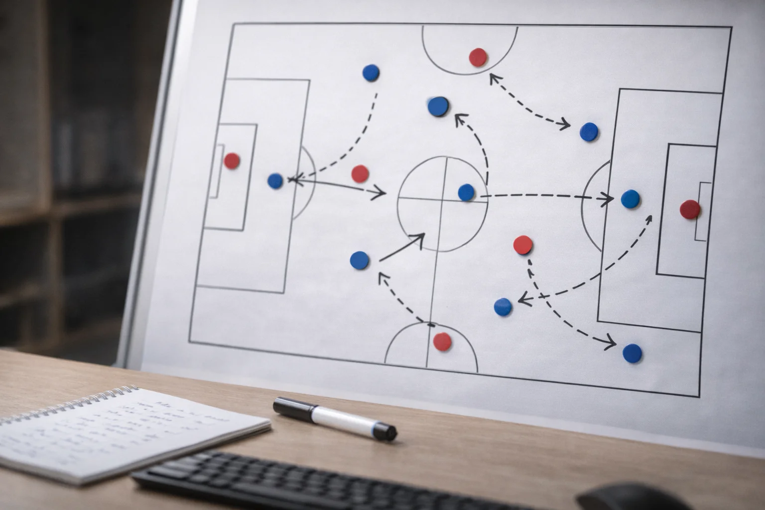 Lavagna con schema tattico di calcio e appunti strategici