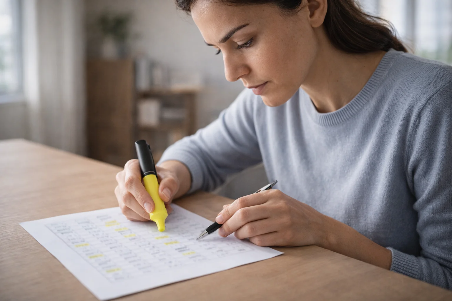 Persona che analizza quote su foglio con penna e evidenziatore