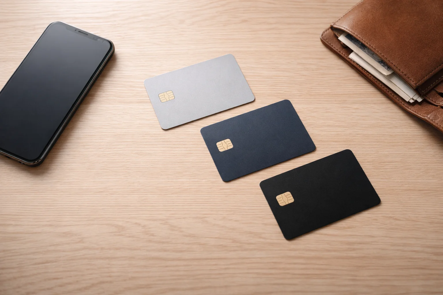 Carte di pagamento e portafoglio elettronico su tavolo ordinato