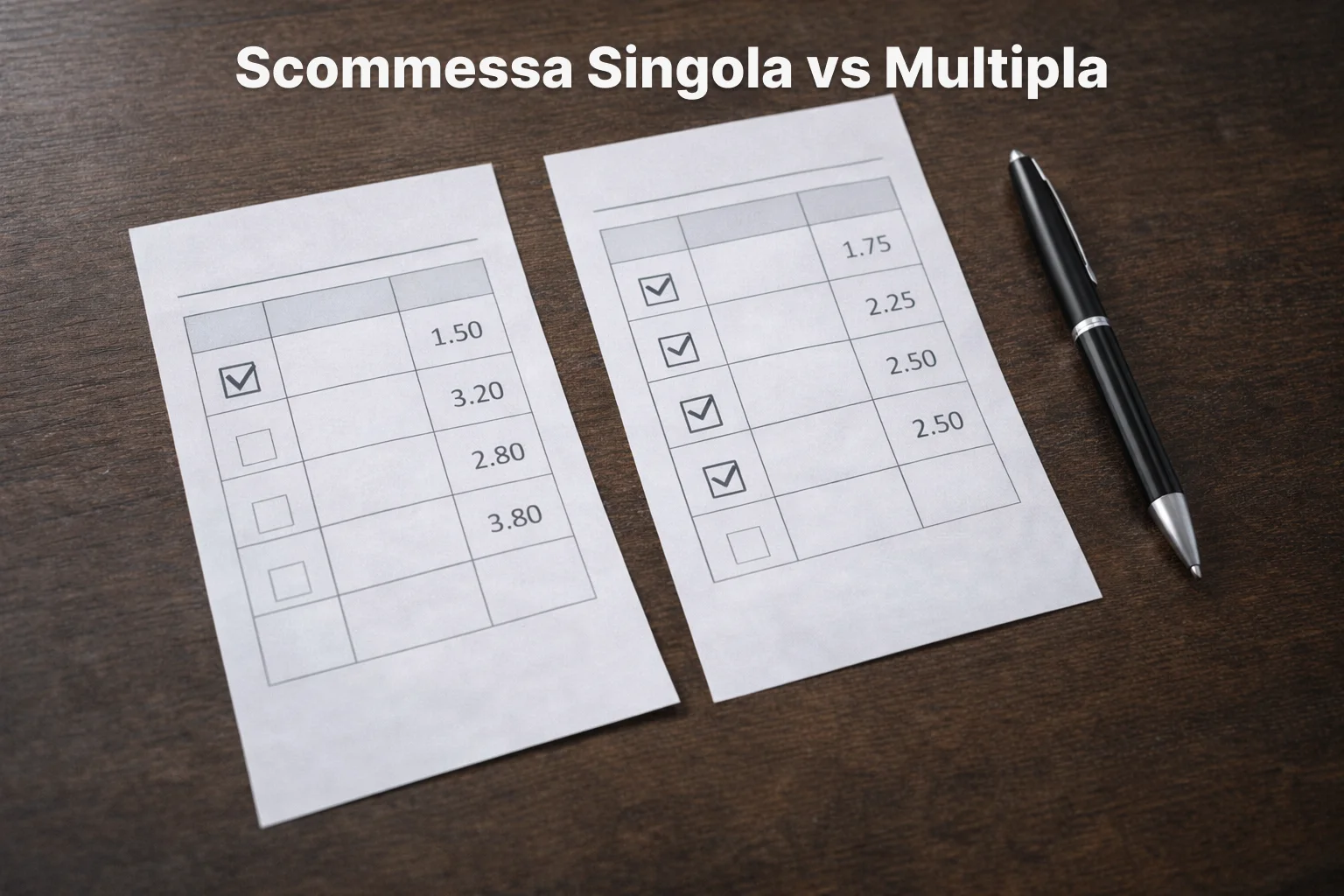 Due schedine di scommesse affiancate su tavolo in legno