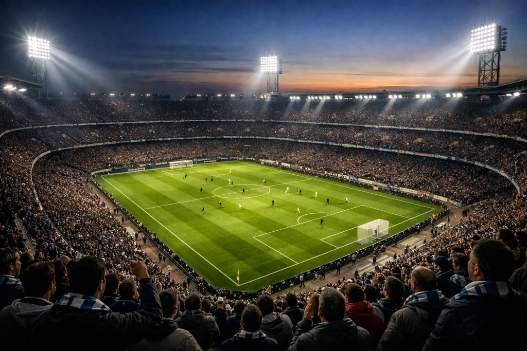 Stadio di calcio italiano illuminato durante una partita serale con tifosi sugli spalti