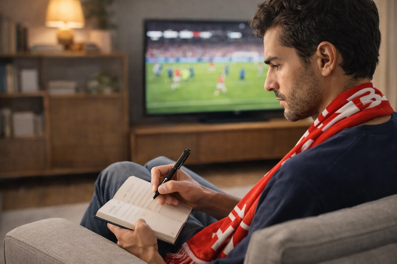 Tifoso concentrato che guarda partita di calcio prendendo appunti