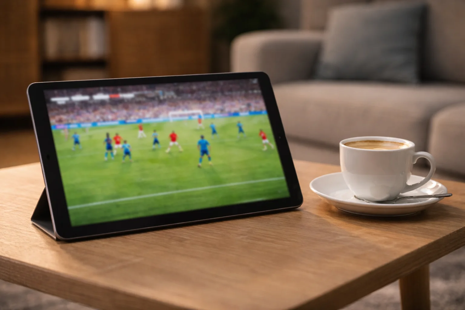 Tablet che mostra streaming di partita di calcio su divano