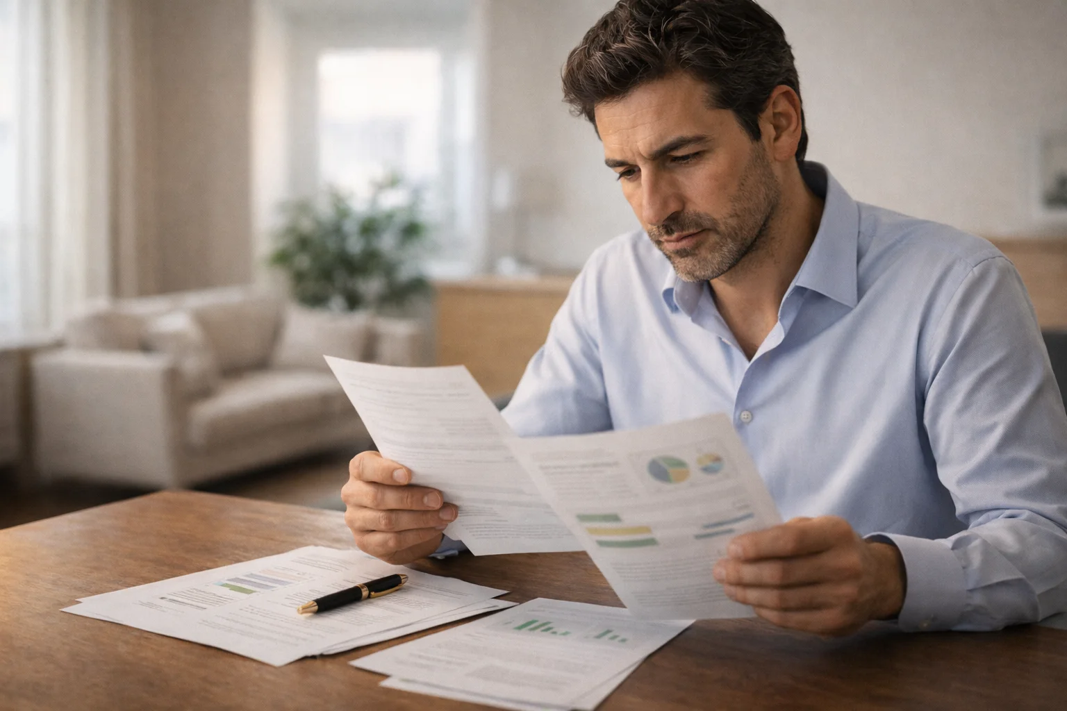 Uomo che analizza offerte di bonus su documenti alla scrivania